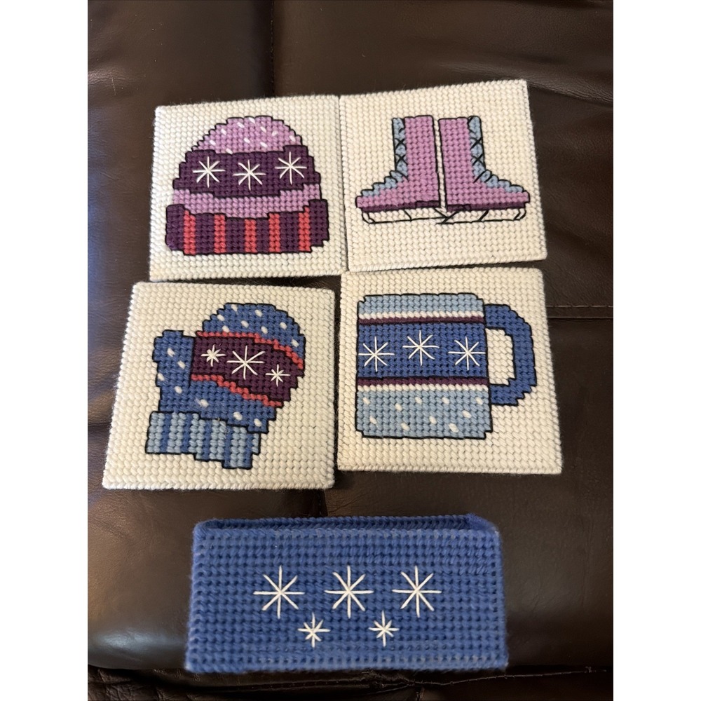 Vintage Handmade Needlepoint Mitten Hat Ice Skates Mug Coasters Set of 4 Holder